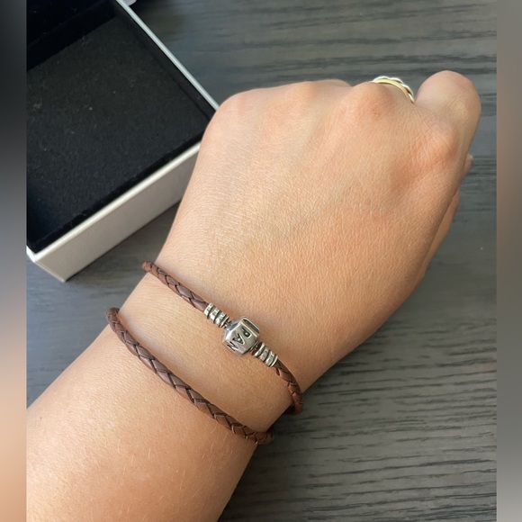 PANDORA Brown Braided Double Leather Charm Bracelet Necklace - Picture 11 of 15